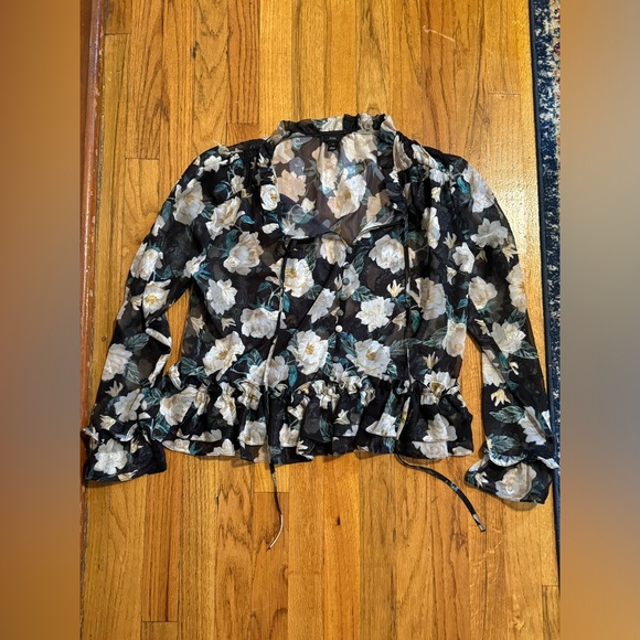 River Island Long Sleeve Black Floral Blouse, Tie, Ruffle Hem, Sheer | Sz 12 - Picture 3 of 5